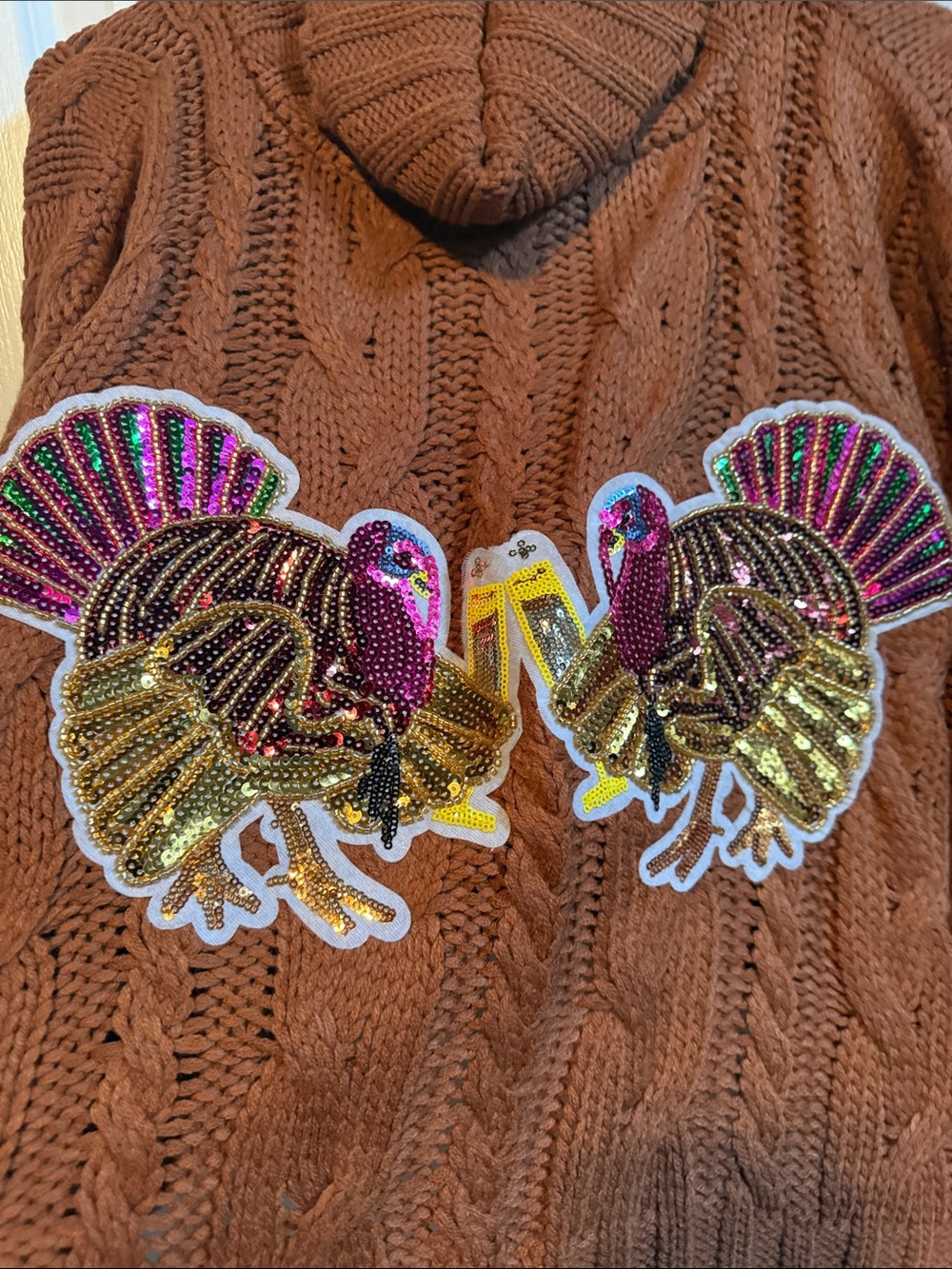 Judith March Brown Cable Knit Hoodie with Sequined Turkey Motif - Picture 5 of 6